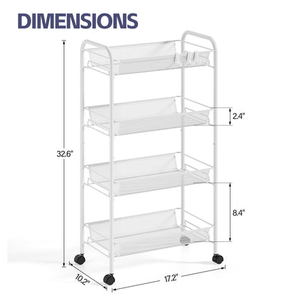 SYKIARIOL 4-Tier Metal Utility Cart, Mesh Wire Rolling Cart on Wheel, Storage Trolley with Easy Assembly, Organizer Craft Cart 3 Hooks, Mobile Shelving Unit for Bathroom, Laundry Room, Home