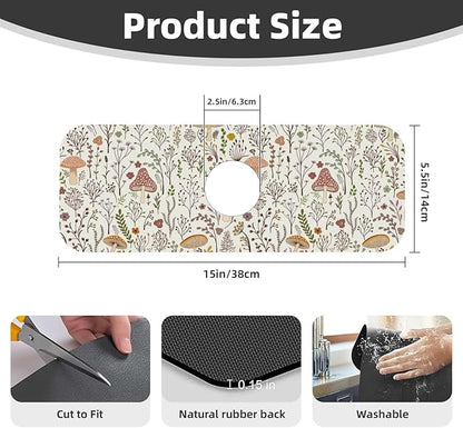 Cute Mushroom Wild Plant Kitchen Sink Splash Guard Faucet Mat 1 Pcs, Absorbent
