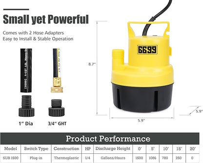 Submersible Sump Pump 1/4 HP 1500GPH Utility Pump Thermoplastic Electric Portable Transfer Water Pump with 10-Foot Cord for Pool Tub Garden Pond Draining Tankless Heater Flushing