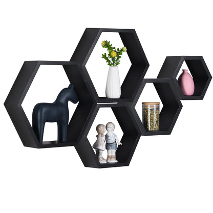 PHOENANCEE Hexagon Floating Shelves,Wall Mounted Wood Farmhouse Storage Honeycomb Shelf Set of 5,for Bathroom, Kitchen, Bedroom, Living Room,Office,Home Room Wall Decor Driftwood Finish