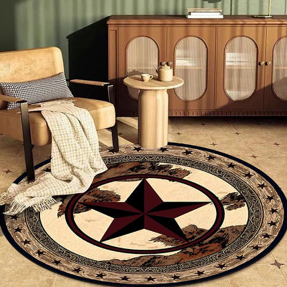 Qmkmyy Round Rustic Texas Stars Area Rug 3Ft Western Cowboy Bordered Circular Rugs for Bedroom Study Room Low Pile Farmhouse Floor Mats