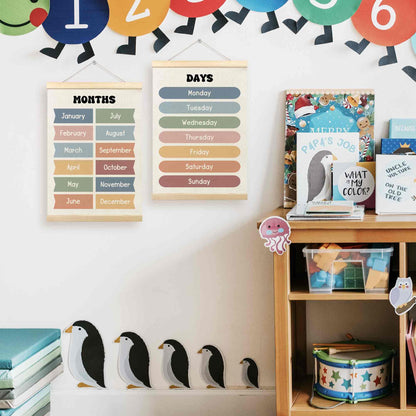 TLESKE Months of the Year Days of the Week Chart Poster Hanger Frame for Toddler Kid Classroom Set of 2, Homeschool Hanging Wall Art for Nursery Playroom, Preschool Learning Educational Poster, 12x16