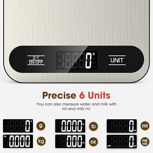 Mik-Nana Food Scale, 22lb Digital Kitchen Scale with 6 Units Tare Function & LCD Display, Stainless Steel Weight Grams and Ounces for Baking, Cooking and Meal Prep (Batteries Included)