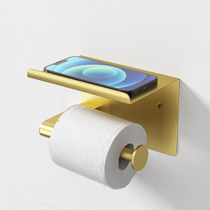 GLNLQ Brushed Gold Toilet Paper Holder Wall Mount, Fits Mega Rolls Size Rustproof Self Adhesive Brushed Brass Toilet Paper Holder Gold with Shelf