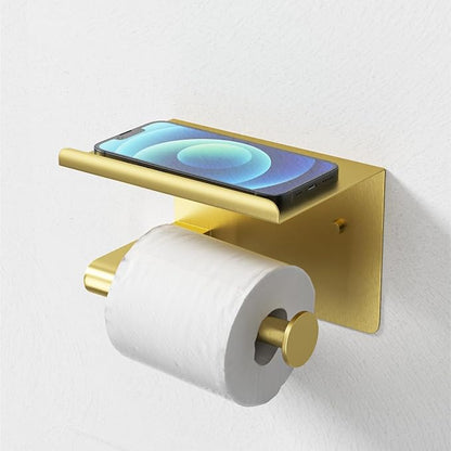 GLNLQ Brushed Gold Toilet Paper Holder Wall Mount, Fits Mega Rolls Size Rustproof Self Adhesive Brushed Brass Toilet Paper Holder Gold with Shelf
