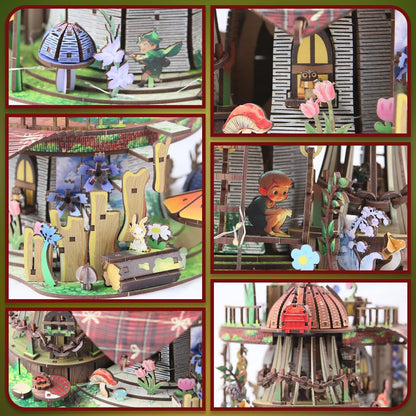 Garden Mushroom Dollhouse Book Nook Kit, DIY Miniature Wooden 3D Puzzle Dollhouse, Fantasy Bookshelf Decor Craft Building Set, Home Shelf Decoration for Adults & Teens, with String Lights Edition