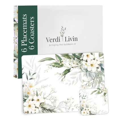 Verdi Livin Cork Placemats Set of 6 Matching Coasters I Heat Resistant Place Mats for Dining Table 16" x 12", Cork Backed, Wipeable White Lily Design