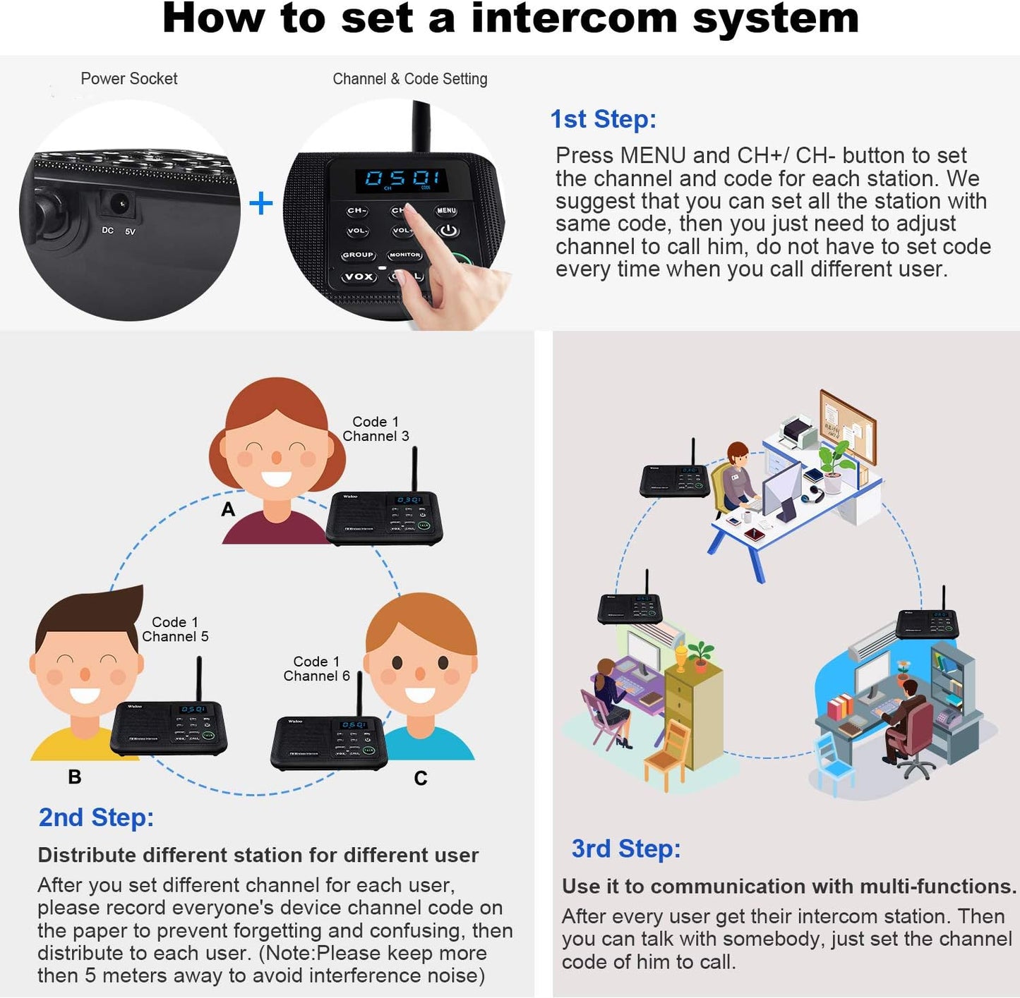 Wuloo Intercoms Wireless for Home 1 Mile Range 22 Channel 100 Digital Code Display Screen, Wireless Intercom System for Home House Business Office, Room to Room Intercom Communication(3Stations Black)