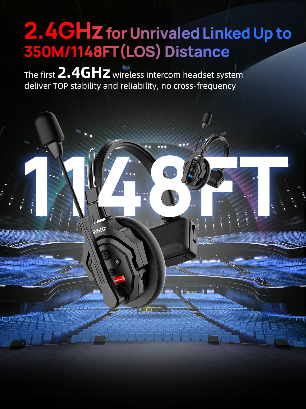 SYNCO XTALK X5 Wireless Intercom Headset System, 2.4GHz Full Duplex Group Talk Coms with 24H 350M/1148FT Real-time Monitoring, Single-Ear-Headsets-for-Communication