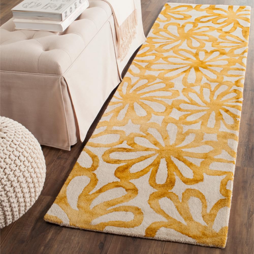 SAFAVIEH Dip Dye Collection 2'3" x 8' Beige / Gold DDY527M Handmade Floral Watercolor Premium Wool Runner Rug