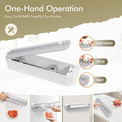 Aluminum Foil & Plastic Wrap Dispenser with Cutter - Magnetic & No-Drill Wall Mount, Cling Film Dispenser for Countertops & Cabinets, Space-Saving Kitchen Organizer - Fits 300 m Rolls, White