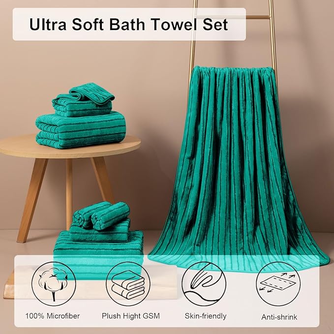 8 Pcs Blue Green Cabana Stripe Large Bath Towel Set