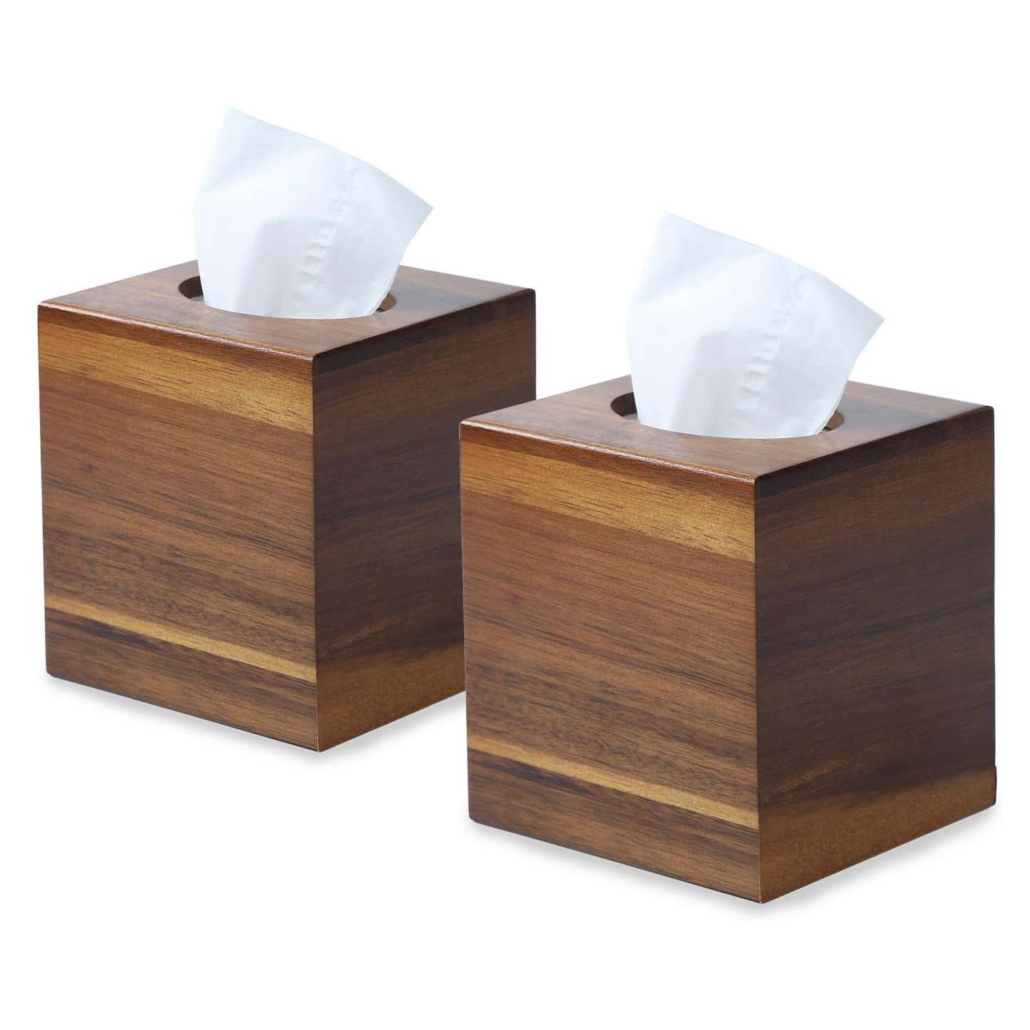 2 Pack Acacia Wood Tissue Box Cover, Square Wooden Tissue Holder for Bathroom, Living Room, Dining Table, Decorative Cube Facial Tissue Box Cover, 5.3 x 5.3 x 5.9 inches