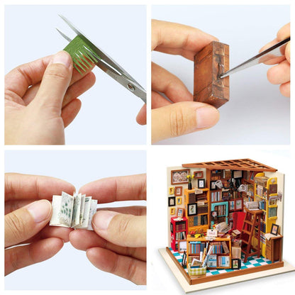 Rolife DIY Miniature Dollhouse Kit Bookstore Room Making Kit Mini Library Diorama Kit Wooden Model Building Set Hobby Christmas Birthday Gifts for Adults Women Family (Sam's Study)