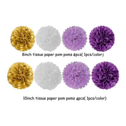 Purple White-Gold Party-Decorations Graduation Banner - 8pcs Kits Class of 2026 Cap Garland Streamers, Paper Tissue Pom Poms Flowers, Congratulations Grad Decor Lasting Surprise