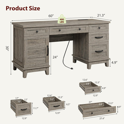 Garvee 60" Wooden Home Office Desk with File Drawers, Executive Desk with Adjustable Cabinet, Farmhouse Wood Desk with Power Outlet, Distressed Study and Work Table, Rustic Grey
