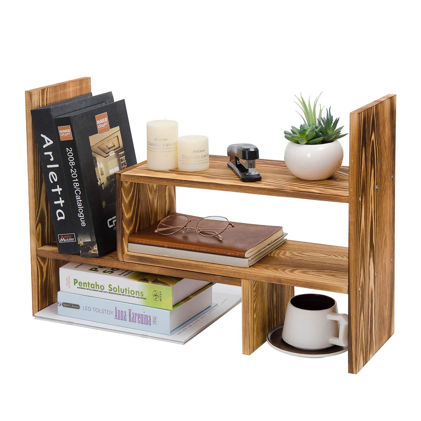 Liry Products Adjustable Extendable Natural Wood Desktop Organizer Caddy Desk Organizer Countertop Shelf Bookcase Display Stand Rack Expandable Storage Office Home (Dark Brown)