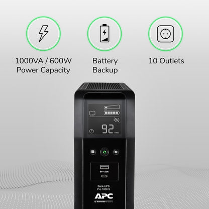 APC UPS Back-UPS Pro 1000VA Sinewave UPS, 600W Battery Backup & Surge Protector, AVR, 10 Outlets, LCD, USB-C & USB-A Charging Ports, BR1000MS Uninterruptible Power Supply for Computers, Electronics