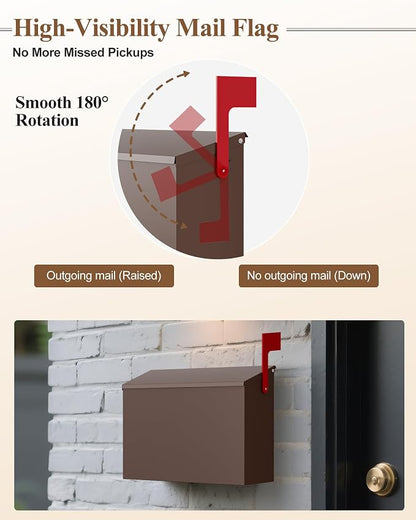 Wall-Mount Mailbox for Outside, Large Capacity Rust-Proof Mail Box with Stay-Open Lid & Red Flag Kit, Galvanized Steel Weather-Resistant Post Box for House Outside, 10.5"x4.3"x14.2", Brown