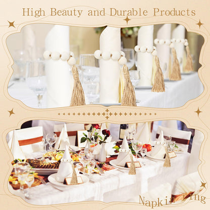 Maxcheck 60 Pcs 60 Pcs Wood Bead Napkin Rings with Tassel Handmade Wooden Farmhouse Napkin Ring Holders for Tabletop Dining Party Wedding Gathering Home Decoration (Rustic)