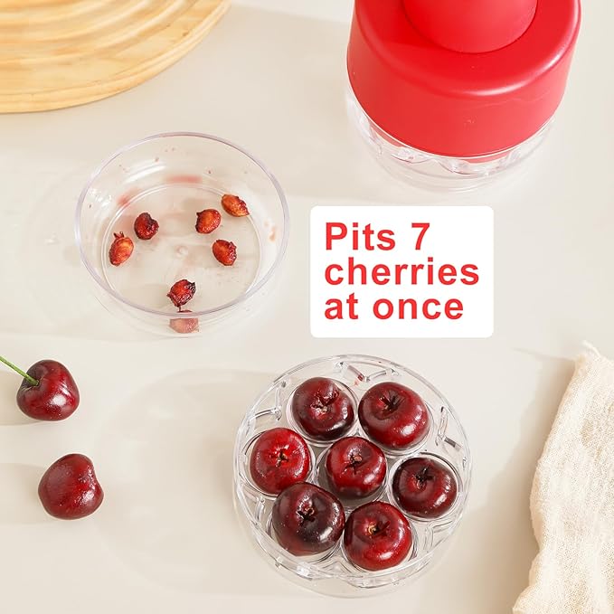 Upgraded Cherry Pitter Tool Pit Remover, 7-in-1 Portable Cherry Core Remover, Quick Release Multi Cherry Pitter Tool for Kitchen, Cake Shop, Fruit Salad (Bright - Red)