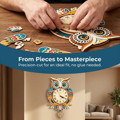 Wooden Owl Clock Puzzle—A 3D DIY Assembly kit for a Decorative wall Clock, Featuring Autumn Leaves and Bird Motifs, Perfect for Rustic Farmhouse-Style Decor in Kitchens and Living Rooms