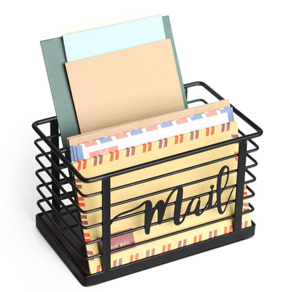 MOSUYO Mail Holder, Acacia Wood & Sturdy Metal Mesh Letter Caddy,2-Slot Desktop Organizer for Desk Home Office