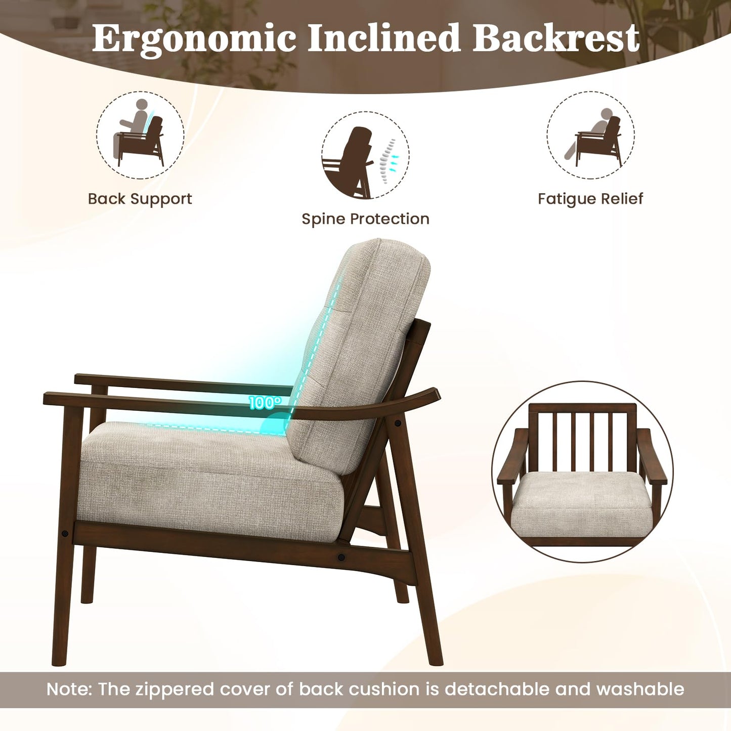 Giantex Mid Century Modern Accent Chair, Max Load 440 LBS Upholstered Living Room Chair with Rubber Wood Armrests & Legs, Removable Back Cushion, Comfy Reading Arm Chair for Living Room, Bedroom