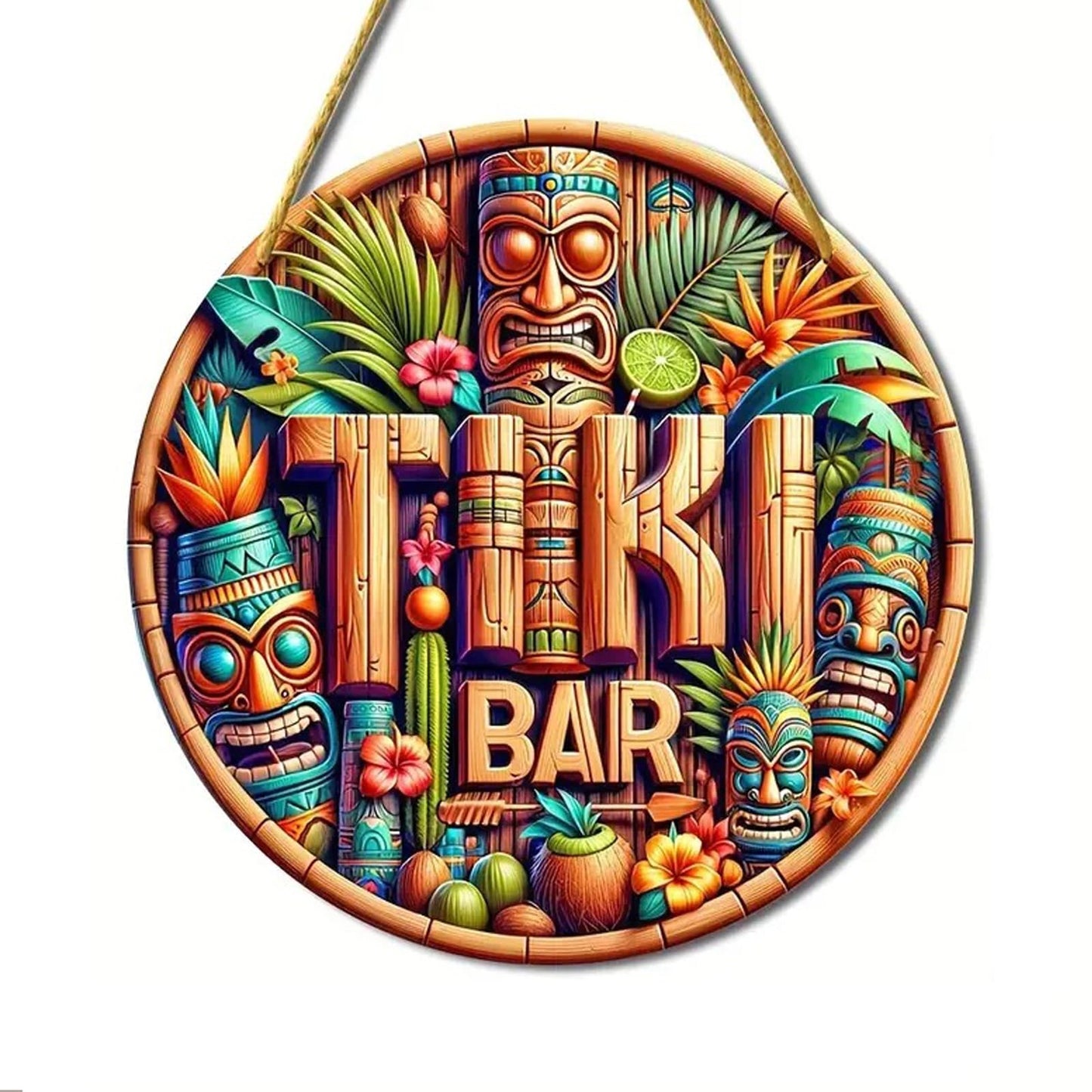 Tiki Bar Sign, Wooden Printed Tiki Decor Round Signs, Outdoor Signage with Tiki Statue (Style 1)