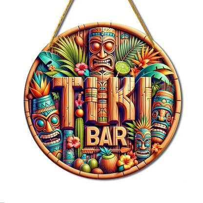 Tiki Bar Sign, Wooden Printed Tiki Decor Round Signs, Outdoor Signage with Tiki Statue (Style 1)