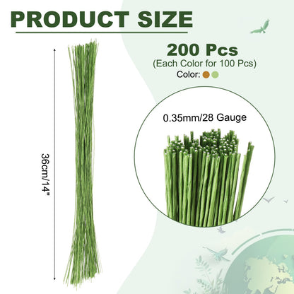 PATIKIL 200 Pcs 28 Gauge Floral Wire, 14 Inch Floral Stem Wire Flower Paper Wrapped Wires for Flower Crafts Bouquet Arrangement Supplies Wreath DIY Projects, Brown/Light Green