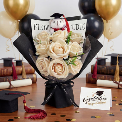 Giegxin 3 Pcs Graduation Bear Flower Bouquet Set Includes Artificial Roses Flower Bouquet Mini Plush Bear with Grad Cap Greeting Card Gift Bag for 2026 Graduation Party Favors Supplies (Yellow)
