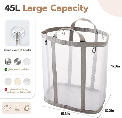 Mesh Laundry bag with Handles, 42L Collapsible Laundry Basket with 2 Hooks
