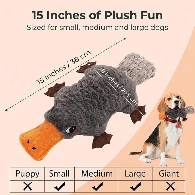 15" Squeaky Platypus Dog Toy - Interactive Dog Toys for Small Dogs, Large Dog Toys & Dog Toys for Medium Dogs, Soft Stuffed Plush Squeaky Dog Toys, Grey