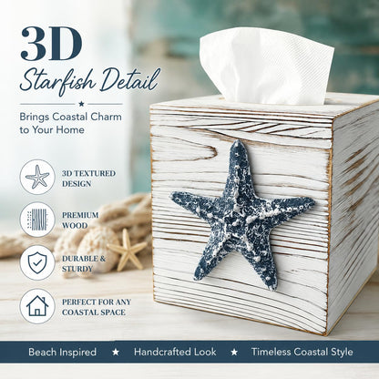 Ovimyne Coastal Tissue Box Cover Wooden Retro with Sliding Bottom Panel Beach Decor for Bathroom Bedroom Living Room,Starfish Decor Suitable for Coastal Gifts Beach House Gifts