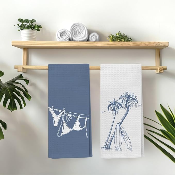 Blue Beach Surfboard Kitchen Towels, Coastal Tropical Palm Tree Decorative Hand