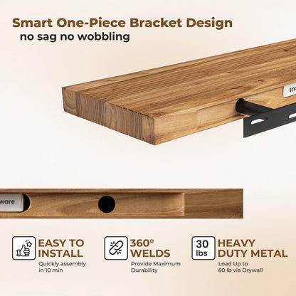 Axeman Floating Shelves for Wall, 24''W x 8'' D Rustic Solid Elm Wood Shelves for Storage, Wall Mounted Display Shelving with Invisible Heavy-Duty Metal Bracket (Natural, 2PCs)