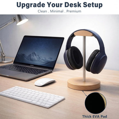 MTKITDER Wood & Metal Headphone Stand, Desktop Headset Holder with Stable Non-Slip Bamboo Base, Universal Headphone Hanger for Gaming Headsets, Office Desk, Home, Gift