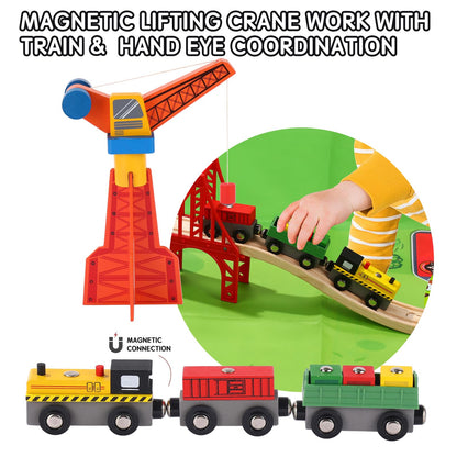 KiToyWod Wooden Train Track Set 62pcs, Wood Railway Systems Accessories Expansion Pack with Train + Crane, for 3-10 Years Toddlers Birthday Gift, Christmas Toys, Compatible with Major Brands (62 PCS)