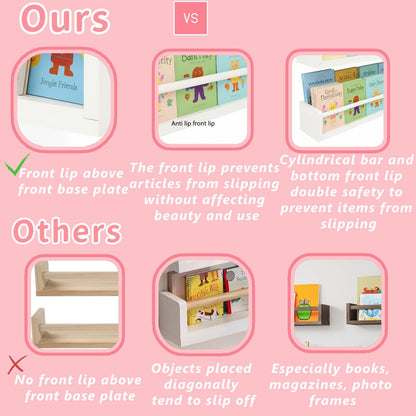Esonal White Nursery Floating Shelves Set of 3– Wall Mounted Kids Bookshelf & Toy Organizer – 16 Inch Rustic Pine Hanging Display Book Shelves for Bedroom, Playroom, and Baby Decor