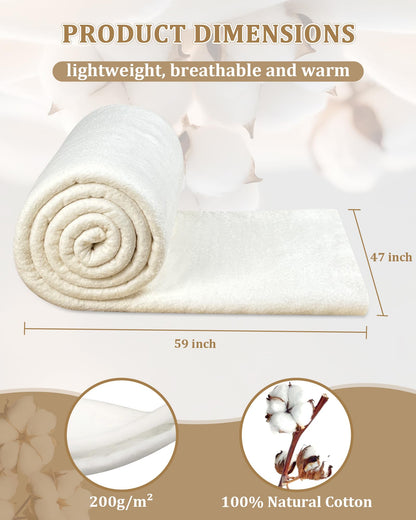 PLANTIONAL Grinding Natural Cotton Quilt Batting: 47-Inch x 59-Inch Light Weight Purely Natural All Season Quilt Batting for Quilts, Craft and Wearable Arts
