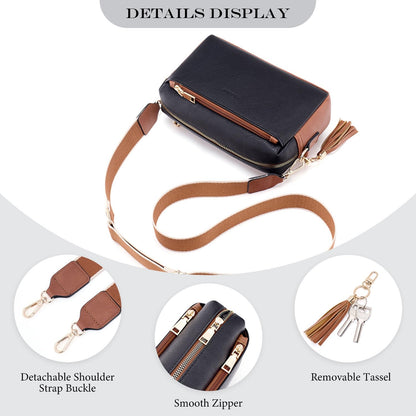 Roulens Triple Zip Small Crossbody Bag for women,Wide Strap Cell Phone Purse Shoulder Handbag Wallet with Credit Card Slots