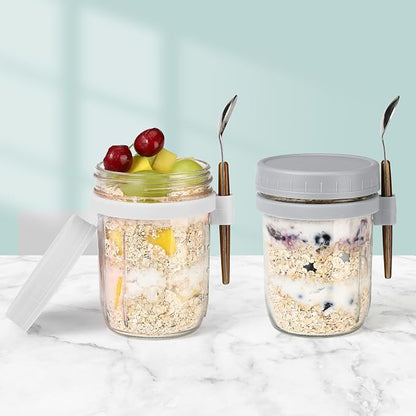 16oz Glass Mason Overnight Oats Jars, Cereal, Yogurt, Salad Lunch,Glass Overnight Oats Containers with Lids and Spoon, Container with Measurement Marks - (Grey&White-2Pcs)