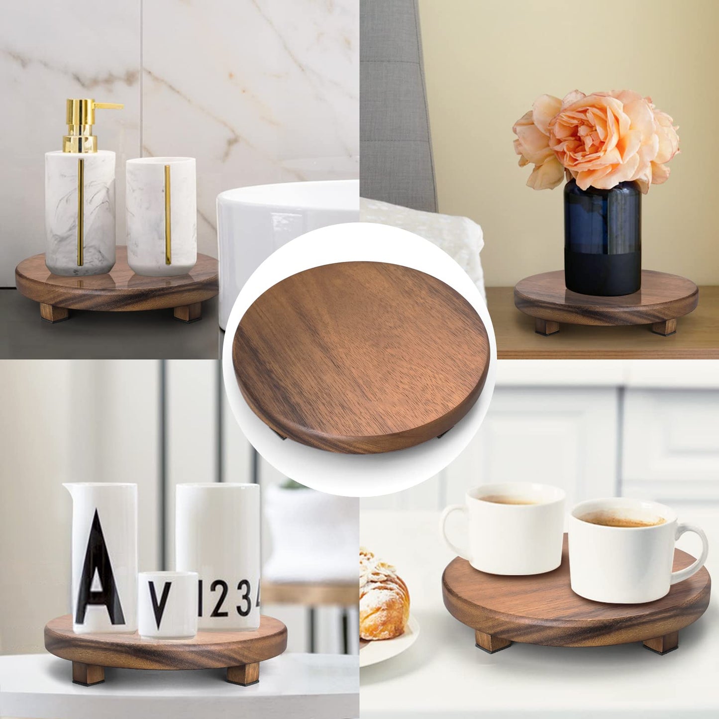 kulusion Walnut Wood Pedestal Stand, 9.06" Round Wood Riser for Kitchen Counter, Farmhouse Soap Tray Wooden Display Riser for Decor, Plant, Bottle, Cake Stand