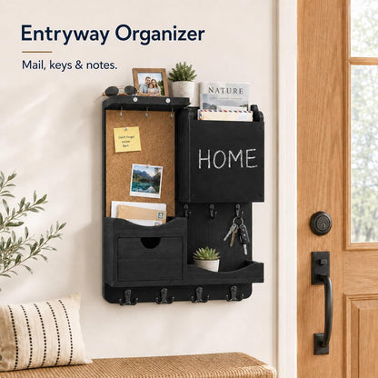 HEKOOLA Key Holder Wall Mount, Mail Organizer Key Holder for Wall with Shelf, Drawer, Chalkboard, Corkboard, Home Decor Mounted for Room Entryway (Black)