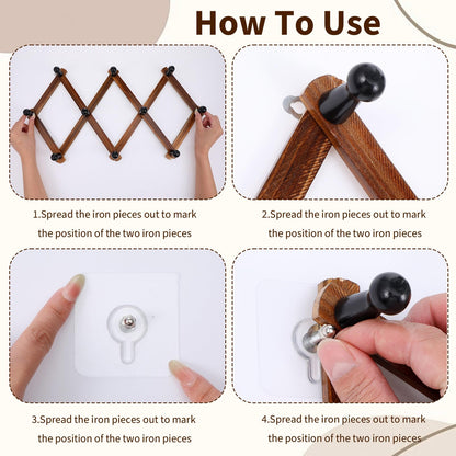 kenaeooe 4 Pcs Accordion Wall Hanger Expandable Hat Rack for Wall with 8 Peg Hooks X Shape Wooden Coat Rack for Hats, Coats, Scarves, Jackets, Purses, Keys, Mugs, Rustic Natural Wood