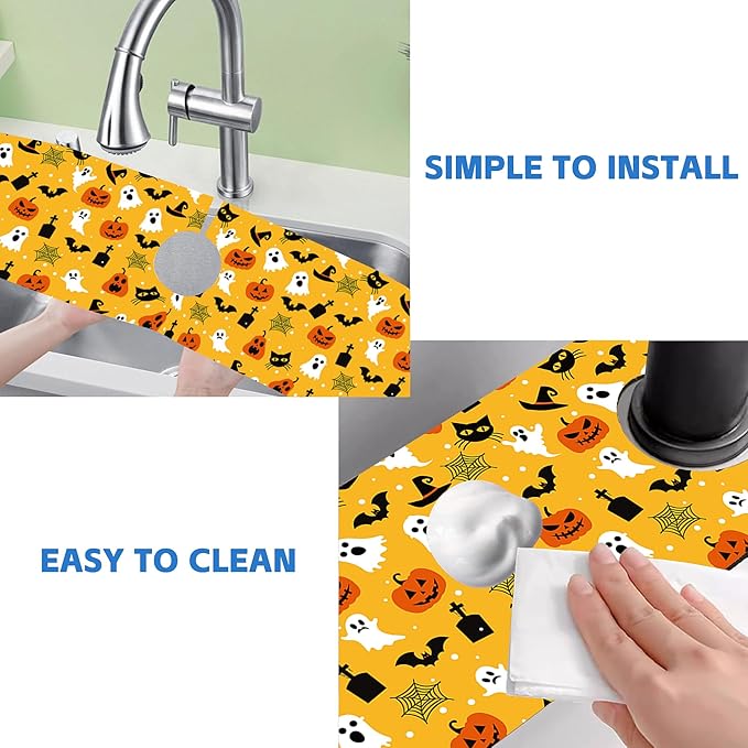 Halloween Pumpkin Bat Ghost Kitchen Sink Splash Guard Mat Absorbent Fast Drying