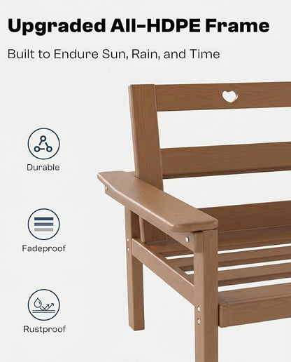 3 Piece HDPE Outdoor Patio Furniture Set, All-Weather 2 Armchairs with Side Table, Patio Conversation Set with Beige Washable Thick Cushion for Balcony/Porch/Backyard (Teak Frame)
