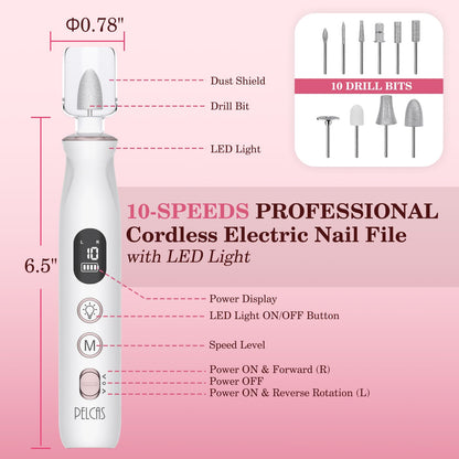 PELCAS Electric Nail Grinder, 10 Speeds Cordless Nail Drill with LED Light, Portable Manicure and Pedicure Kit, Nail File with LCD Screen for Human, Pet, Thick Toenails, Natural & Acrylic Nails Grey