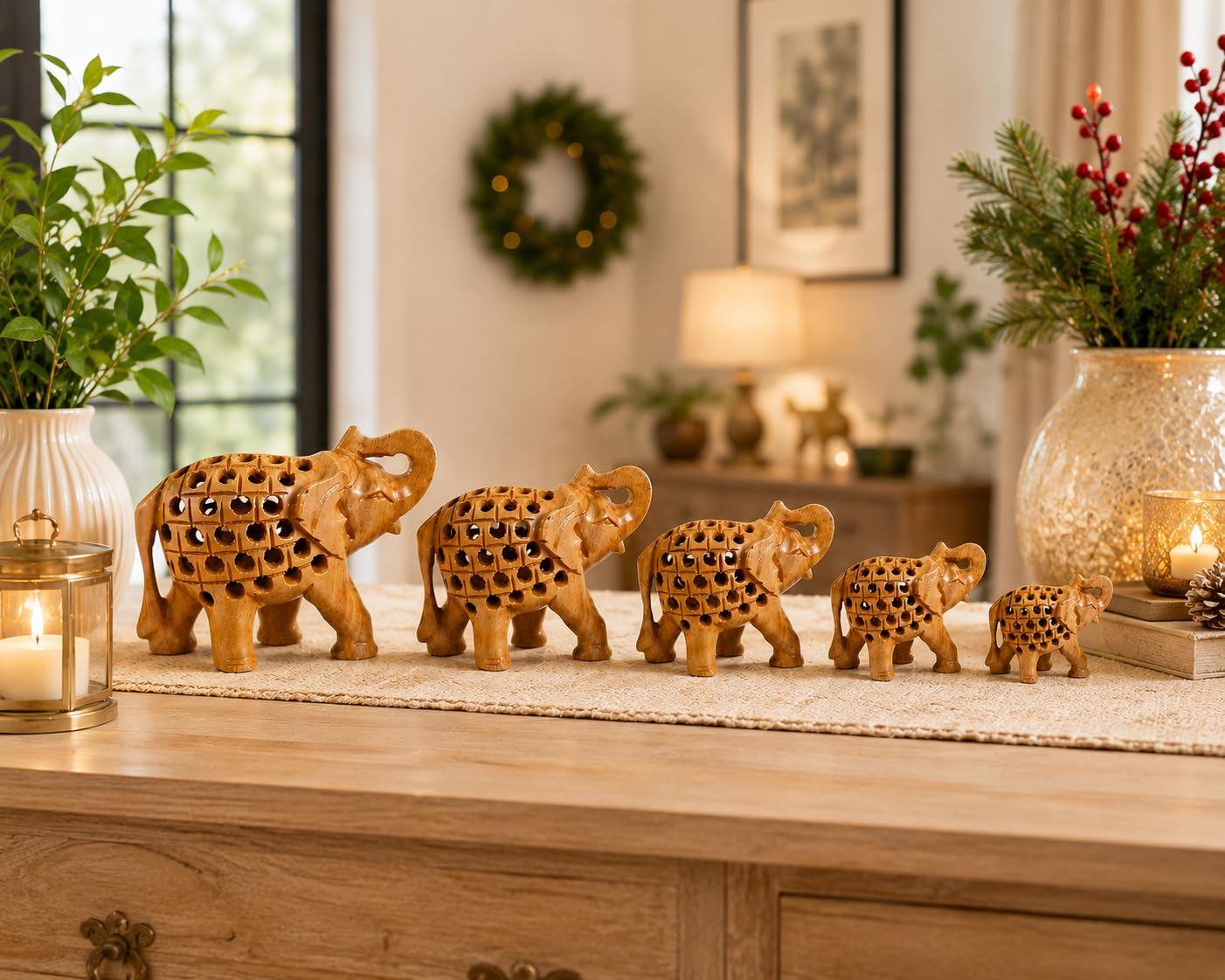Yepsio Wooden Elephant Figurine Set, Hand Carved, 5 Pieces, 2-4 inches, Decorative Home Gift